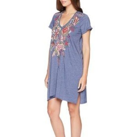 Johnny Was Adeline Mini Dress Blue Embroidery Floral Short Sleeve Tunic Tee PL - Picture 1 of 12